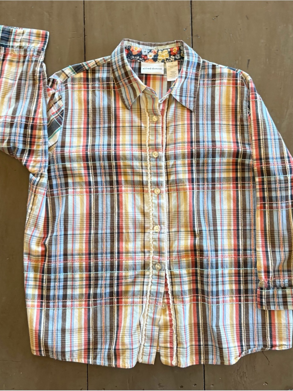 Alfred Dunner Multi-Color Plaid Shirt with Floral Lining and Lace Trim